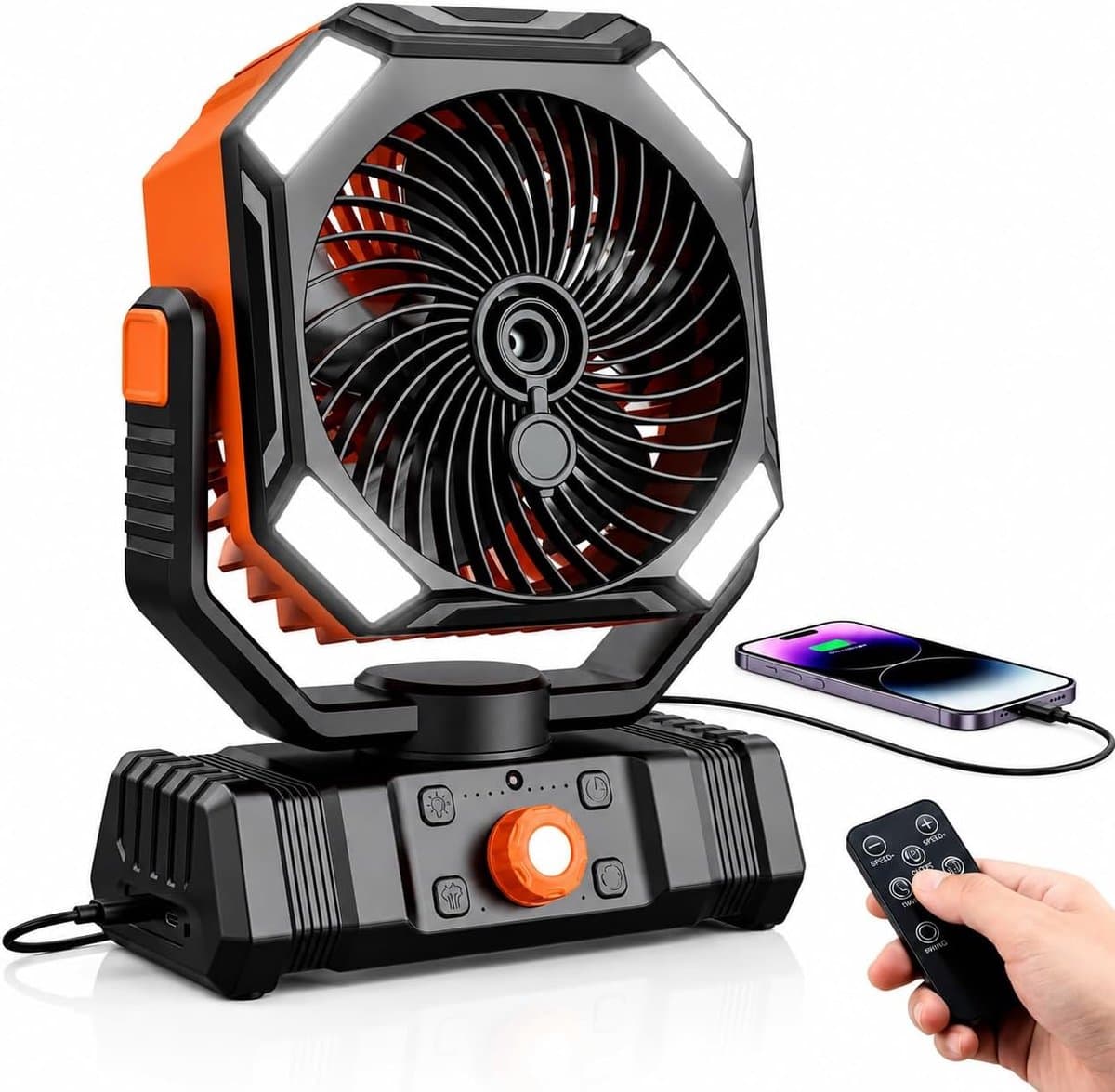 Draagbare campingventilator met een waterreservoir van 300 ml, oplaadbare batterij, ledverlichting, haak, timer en afstandsbediening. Geschikt voor gebruik binnen, op de camping, buitenshuis en op kantoor. — afbeelding 1