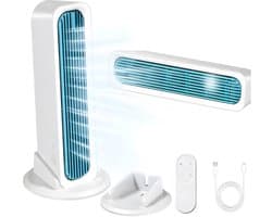 Bladloze torenventilator - Torenventilator voor de slaapkamer - Draagbare, oplaadbare ventilator met drie windsnelheden - Persoonlijke koelventilator - Geschikt voor kantoren, woonkamers, slaapkamers, bureaus en nachtkastjes - Wit - 77,4*314,1*82 mm