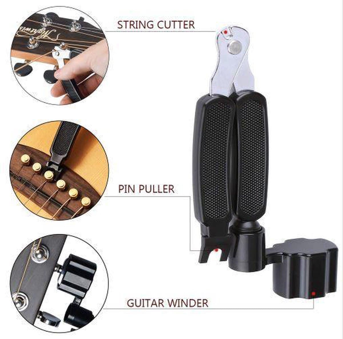 3 in 1 Gitaar Snarenwinder - Peg Winder - Snaarwinder - Peg Winder - Snaar Schaar - Bridge pin puller - Brugpin verwijderaar - Onderhoudsset voor gitaarsnaren — afbeelding 1