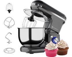 KitchenBrothers 1200W Keukenmachine - Keukenrobot - 5L - Mixer met Mengkom - BPA-vrij Keukenmixer - Antraciet
