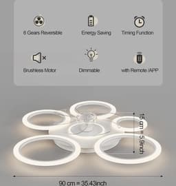 6 Ringen Plafondventilator - Wit - 6 Snelheden - Dimbaar Met Afstandsbediening en APP - Moderne Cirkel Ventilator Licht — thumbnail 5