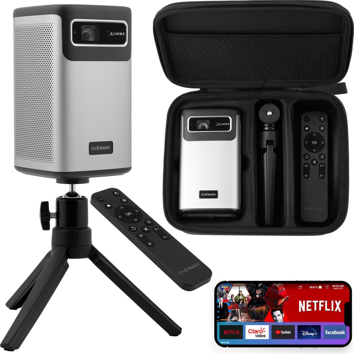 Overmax Multipic 8.1 Tragbarer 4K Beamer - kabellos mit Android 9.0 - Auto-Fokus und Keystone-Korrektur - 2,5 Stunden Akku - 5000 Lumen Helligkeit - Dual-Band WiFi und Bluetooth 5.0 - ideal für Heimkino und Outdoor — afbeelding 1