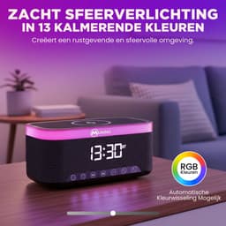 Muring Digitale Wekkerradio – Digitale Klok Slaapkamer – 15 W Draadloos opladen - Speaker met bluetooth - 13 Lichtstanden - Lichtwekker – Wekker voor kinderen & volwassenen – Netstroom – Alarmklok – Zwart — thumbnail 3