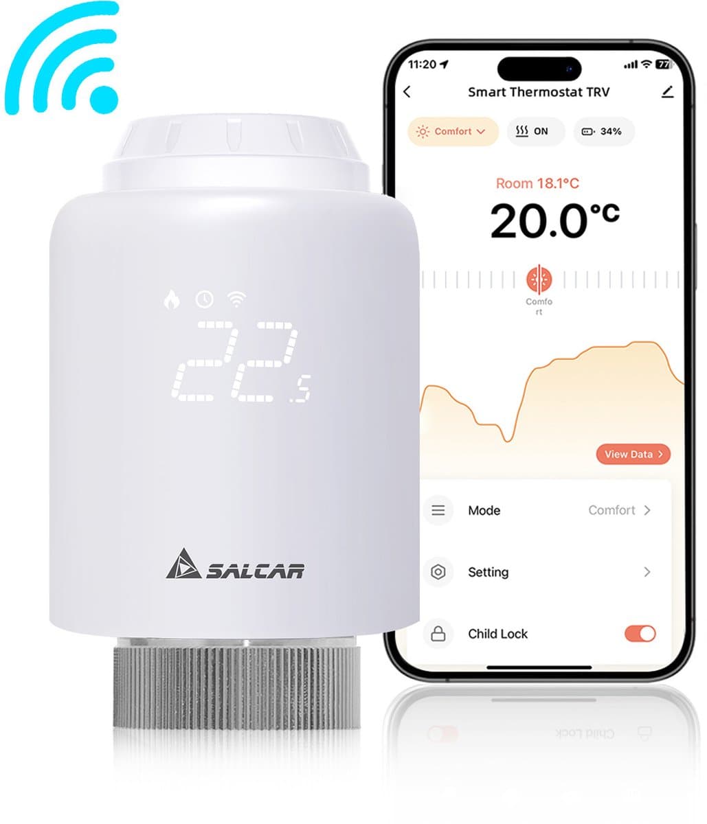 SALCAR Slim WiFi Radiatorthermostaat - Compatibel met Amazon Alexa & Google Assistant - Programmeerbaar - Geen Gateway Nodig - Slimme Verwarmingsthermostaat via Tuya Smart — afbeelding 1
