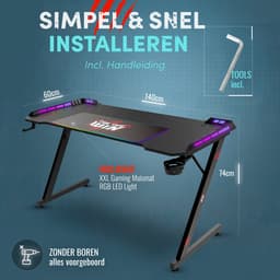For The Win Gaming Bureau met LED Verlichting - 140x74x60 cm - Game Bureau - Incl. RGB Muismat - Gaming Desk - Computer Tafel - Gaming Tafel — thumbnail 4