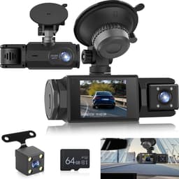 WiFi Dashcam voor Auto – 3-kanaals Draadloze Dashcam met App, Voor Binnenin Achter Camera, Full HD 1080P, 2” IPS-scherm, Nachtzicht, Bewegingsdetectie, Loopopname, 64GB-kaart Inbegrepen — thumbnail 1