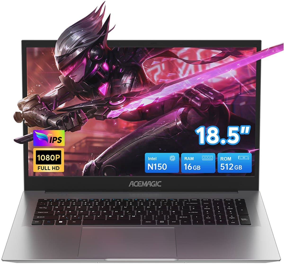 Acemagic-18,5 inch IPS Full HD Laptop-lntel N150 -tot 3,6 GHz-16GB DDR4 RAM 512 GB SSD -Windows 11 Pro-WiFi 5- BT5.0-Zilver — afbeelding 1