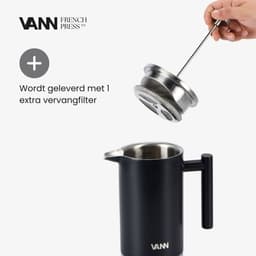 VANN® RVS French Press 1 liter voor koffie en thee – Cafetiere Isoleerkan – Dubbelwandig – Koffie maker – Zwart — thumbnail 4