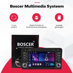 Boscer Android 15 Autoradio - Geschikt voor Audi A3, S3, RS3 (2003-2012) - 4+64GB - 7 inch HD IPS Touchscreen - Draadloze Apple CarPlay & Android Auto - GPS Navigatie - WIFI, Bluetooth, USB & MP5 - Microfoon & AHD Achteruitrijcamera - Nieuw — thumbnail 2