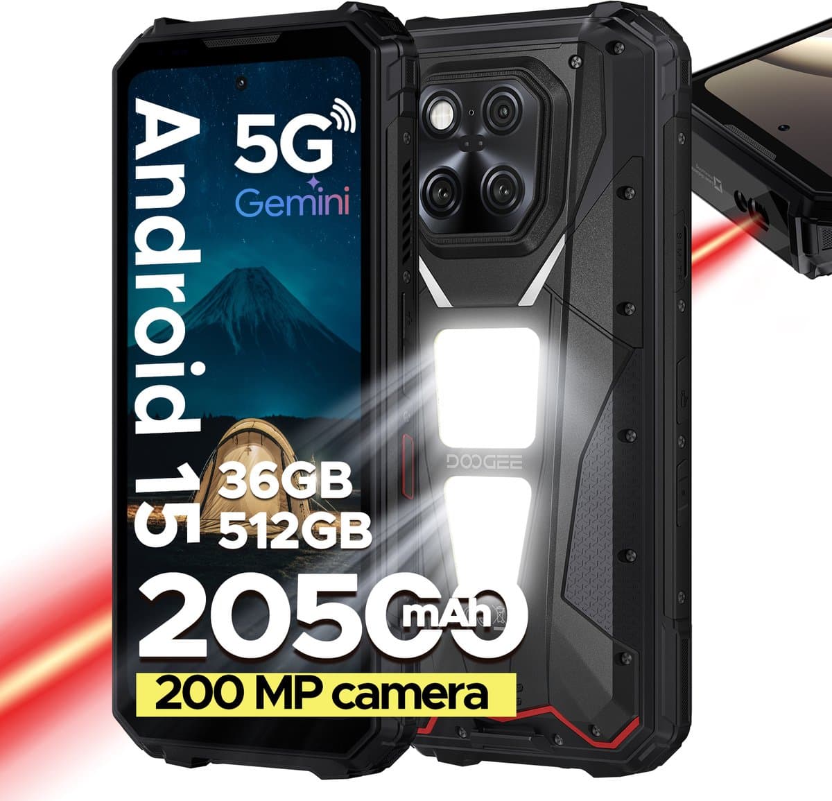 DOOGEE V Max LR 5G - Robuuste Smartphone - Robuuste Telefoon - 36 GB RAM + 512 GB ROM - Met 40 m laserdetectie - 20500 mAh/45 W - MTK 7300 - 6,78 inch FHD+120 Hz - 200 MP+32 MP camera - 1200 LMkampeerlamp - 3 kaartsleuven - WiFi 6E - NFC - Zwart — afbeelding 1