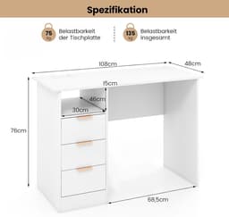 COSTWAY Bureau met 3 laden en laadstation, kleine computertafel, kinderbureau, moderne bureautafel, pc-tafel voor slaapkamer, werkkamer, kantoor, wit, 108 x 48 x 76 cm — thumbnail 2