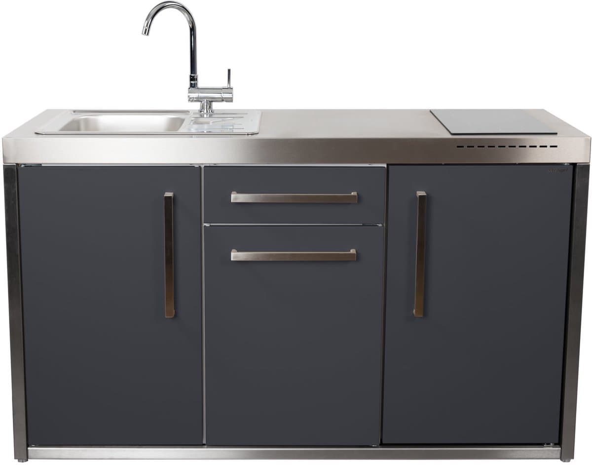 Minikeuken BeNeLux Stengel MO150 S voorgemonteerde metalen outdoor keuken met koelkast - inductie kookplaat - water en electriciteits aansluiting inclusief alle toebehoren - Lei Grijs — afbeelding 1