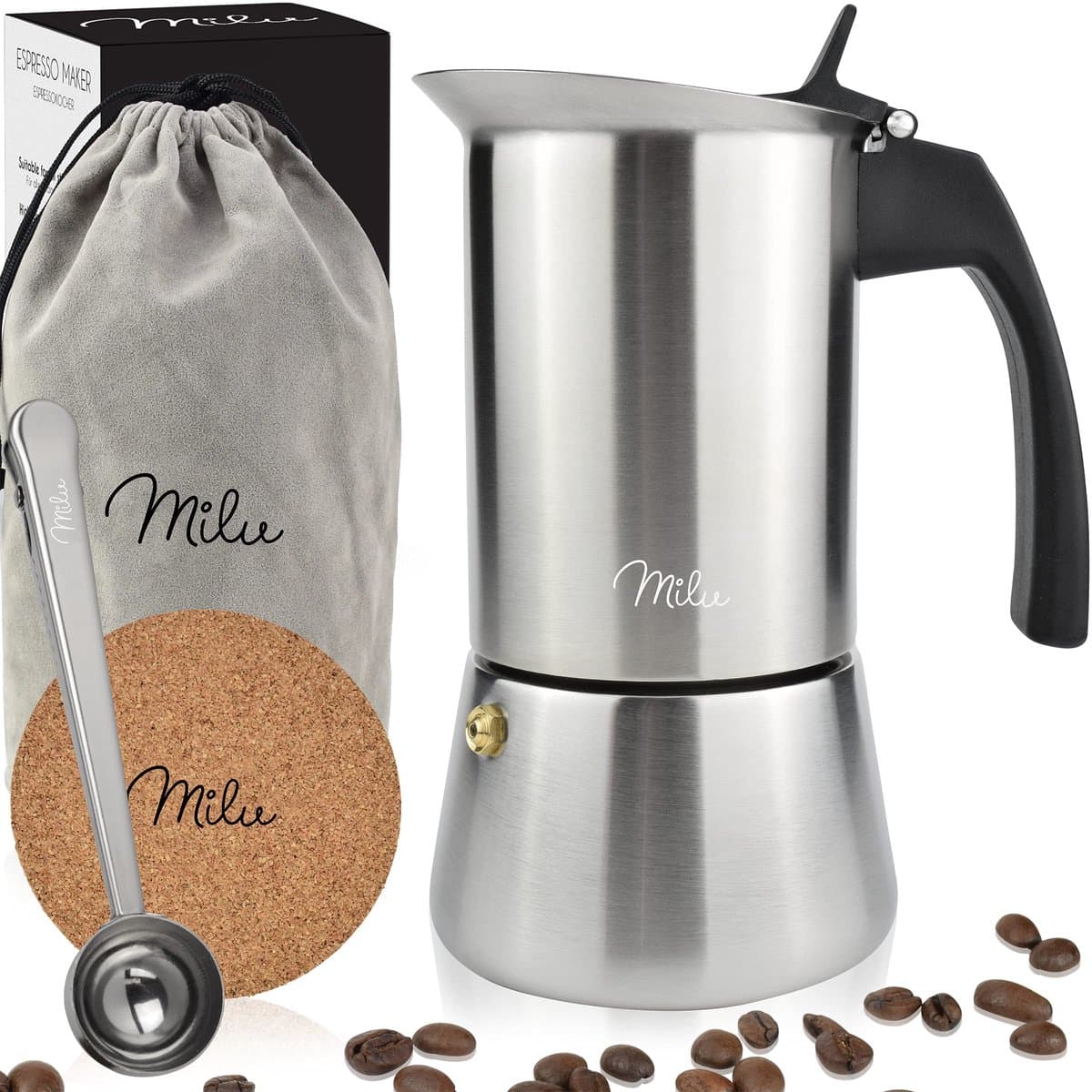 Milu Percolator voor Inductie | 2, 4, 6, 9 Koffiekopjes | RVS Espresso Maker met Onderzetter, Lepel en Borstel | 450ml / 9 Kopjes Moka Pot — afbeelding 1