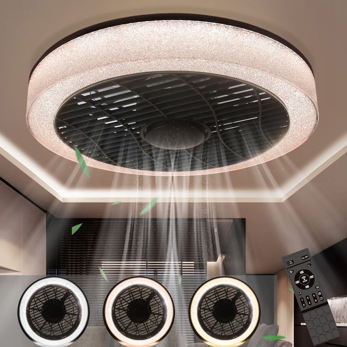 NETTLIFE Plafondventilator met verlichting - zwart - metaal en kristal - Moderne - CCT dimbaar - 39.5CM - Ventilator met Afstandsbediening - LED 40W - Timing Woonkamerlamp - Slaapkamer Woonkamer Keuken Eetkamer — afbeelding 1