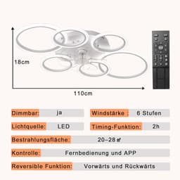 6 Ring Ventilator | Moderne Ringen LED Ventilator | Smart Lamp | 110 cm | Wit | Bedienbaar Met Afstandsbediening & APP | Kroonluchter | Moderne Ventilator Licht — thumbnail 5