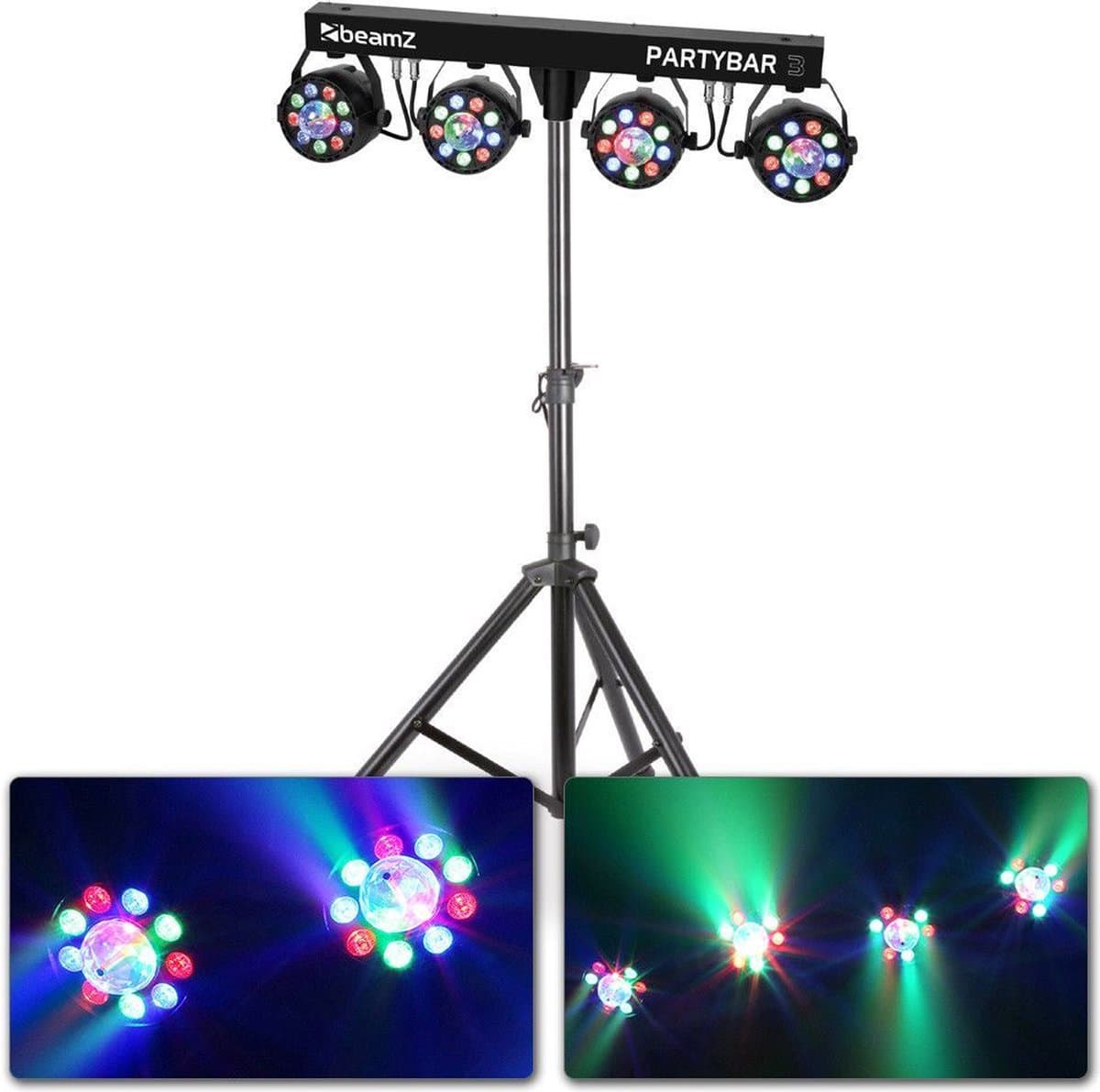 Discolampen - BeamZ PARTYBAR3 - Vier lichteffecten op statief - 4x PAR spot + 4x gekleurde Magic discobal - Complete set! — afbeelding 1