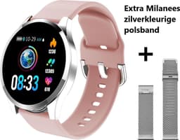 Belesy® BQSiZiPk - Limited edition - Smartwatch Dames - Smartwatch Heren - Horloge - Stappenteller - 1.3 inch - Kleurenscherm - 10x Sporten - INDOOR en OUTDOOR - Zilver - Siliconen - Roze - extra polsband Milanees staal zilver - Moederdag — thumbnail 2