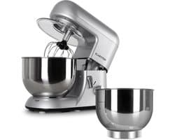 Klarstein Bella Argentea - Keukenmachine, Rührmachine, 5,2 L, Mengkom, Kneedmachine met 1300 W, 6 Snelheidsstanden, RVS Kom, Keukenmachine + Extra Kom, Zilver