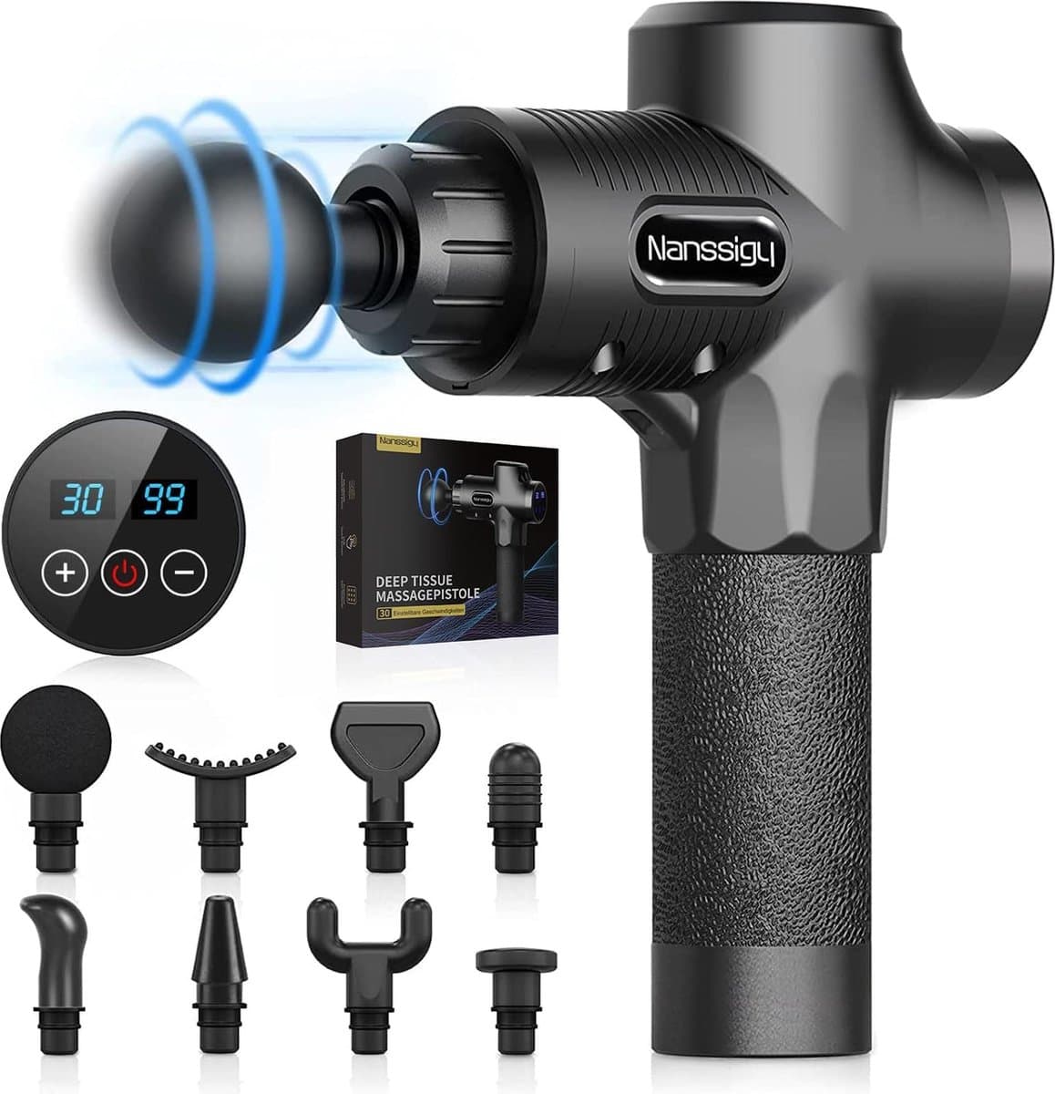 Massagepistool massage gun, Deep Tissue 30 snelheden, 2500 mAh spiermassageapparaat, fasciaristool met 8 massagekoppen voor spierpijn en spanningen in de rug — afbeelding 1