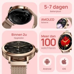 SAMMIT Smartwatch Dames - Goud - Full Touchscreen – IOS en Android – Stappenteller - Met Roze Bandje - 36mm — thumbnail 4