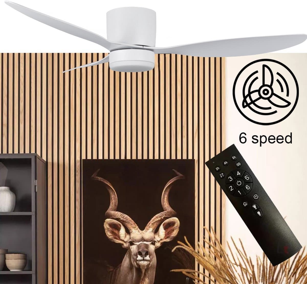 Plafondventilator Brezza Ø 132 cm met verlichting wit – stille ventilator 2026 – top kwaliteit - energie zuinig – met remote - ventilator voor laag plafond - 6 snelheden - warm wit licht - 3 step DIM systeem - zomer en winter stand – witte ventilator — afbeelding 1
