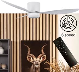 Plafondventilator Brezza Ø 132 cm met verlichting wit – stille ventilator 2026 – top kwaliteit - energie zuinig – met remote - ventilator voor laag plafond - 6 snelheden - warm wit licht - 3 step DIM systeem - zomer en winter stand – witte ventilator — thumbnail 1