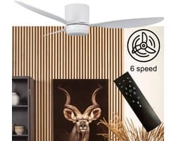 Plafondventilator Brezza Ø 132 cm met verlichting wit – stille ventilator 2026 – top kwaliteit - energie zuinig – met remote - ventilator voor laag plafond - 6 snelheden - warm wit licht - 3 step DIM systeem - zomer en winter stand – witte ventilator