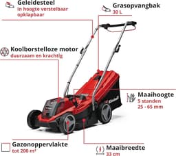 Accu Grasmaaier 18V met 33 cm Maaibreedte voor Tuinen tot 200 m² – Koolborstelloze Motor, 30L Zak, 5-standen Maaihoogte — thumbnail 3