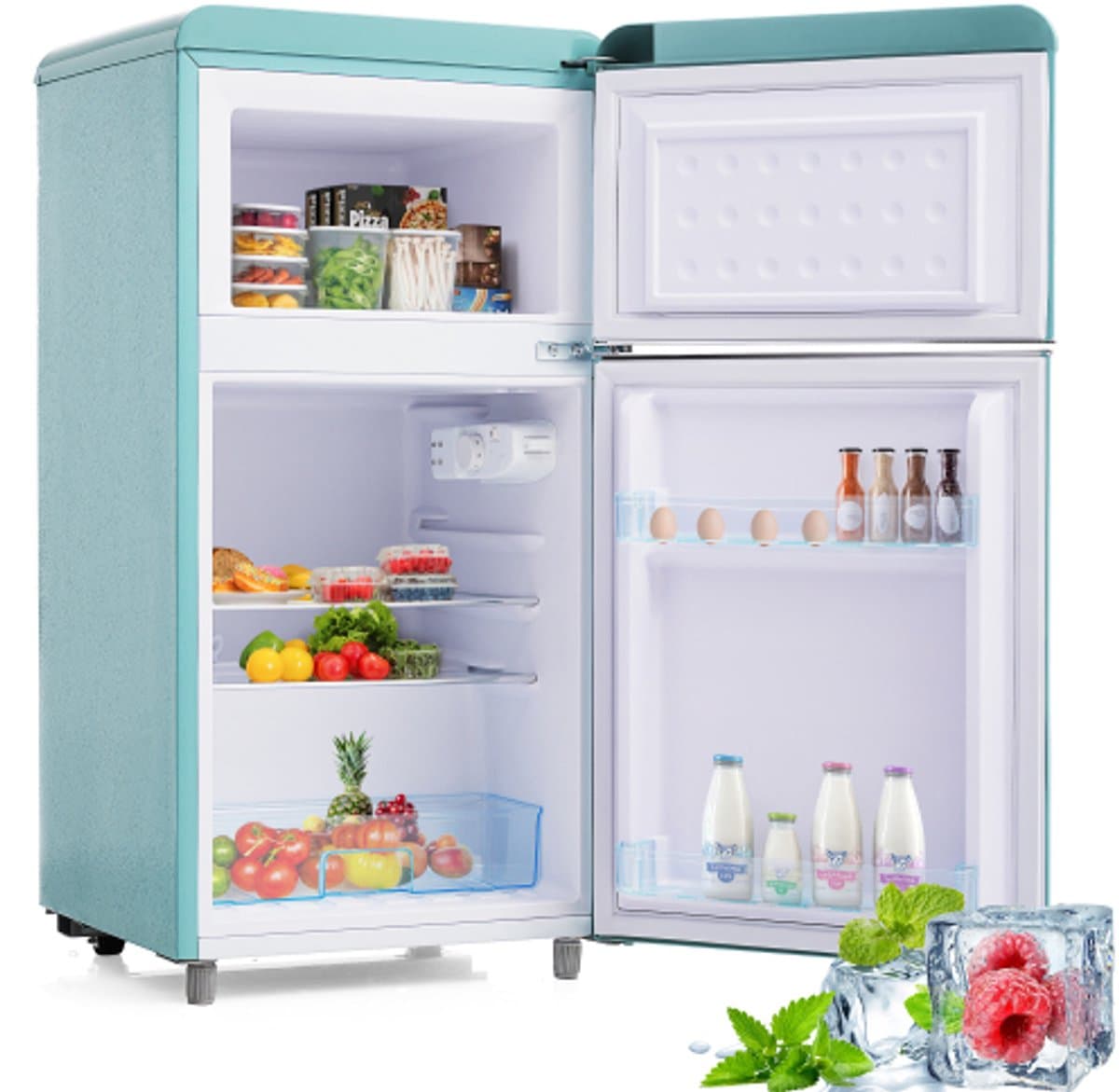 Retro koelkast - bovenste en onderste dubbele deur koelkast - 72 liter totaal volume - met 21 liter vriezervolume - 120 kWh/jaar - LED-licht - Beschikbaar in verschillende kleuren - [Energieklasse E] — afbeelding 1