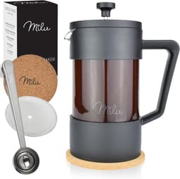 Milu French Press Koffiemaker | 350ml, 600ml, 1L | Glazen Cafetière, koffie Pers voor Thuis, Reizen en Kamperen – Inclusief Onderzetter, Lepel en Vervangingsfilter - Franse Pers Koffiezetapparaat (600 ml) — thumbnail 1
