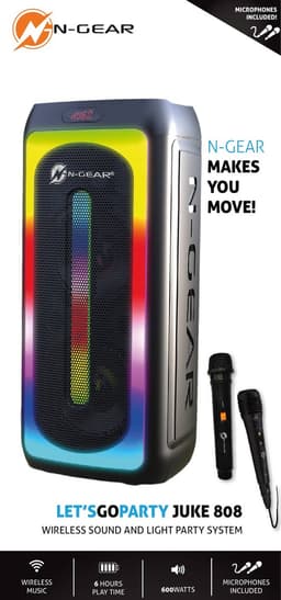 N-GEAR LGP Juke 808 - Bluetooth Speaker - Karaoke Set - Party Box met 2 Microfoons - Zwart — thumbnail 4