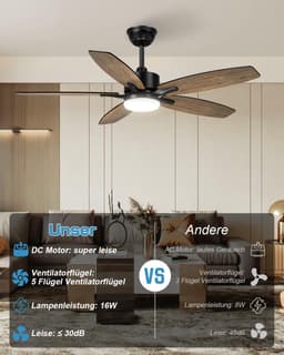 5 Blad Plafondventilator | 6 Standen | Dubbelzijdige Vleugels In Zwart & Bruin | Met Afstandsbediening | Kroonluchter Ventilator | 107 cm | Dimbaar | Woonkamerlamp | Moderne lamp — thumbnail 3
