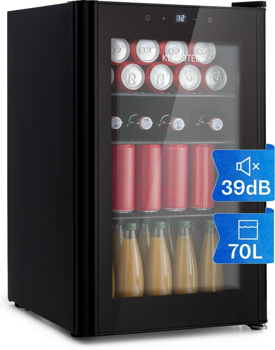 Klarstein Mini koelkast - Glazen deur - LED Verlichting - 3 Planken - 70 liter - Binnen/Buiten - 0-10°C - Zwart - Compact - Touch - Mini Fridge Kleine Koelkast Hotelkoelkast Drankkoeler Compact Koelkast — afbeelding 1
