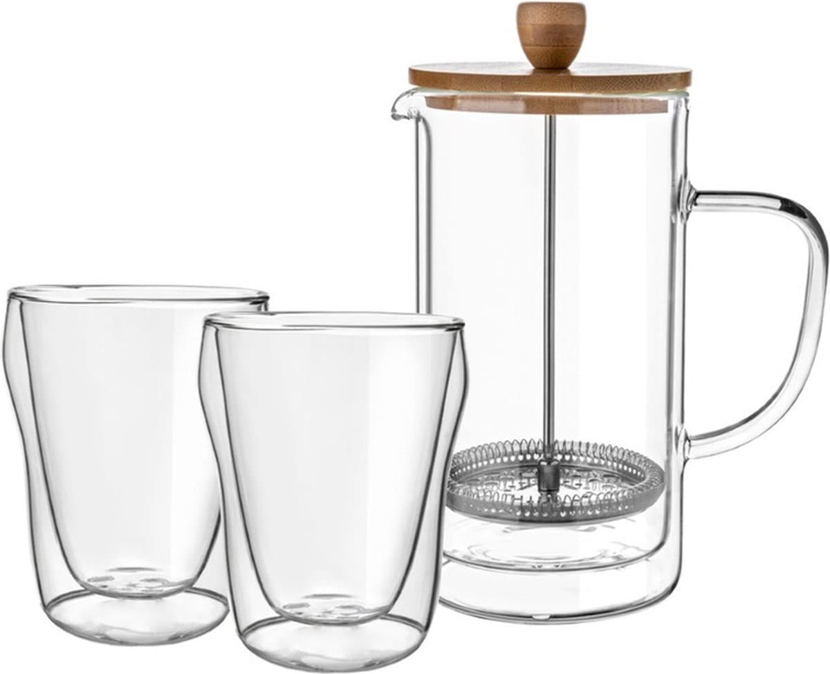 Florina Malachit dubbelwandige french press / cafetiere met 2 dubbelwandige glazen - Set van 3 - Vaatwasserbestendig - Gehard glas — afbeelding 1