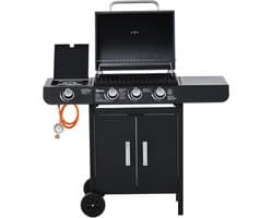Gasbarbecue - BBQ Buitenkeuken - Gasgrill Wagen - 3 Branders - 1 Zijbrander - Inclusief Gasslang - Drukregelaar - Tuin - 110x50x100 cm - Buiten Koken - Zwart