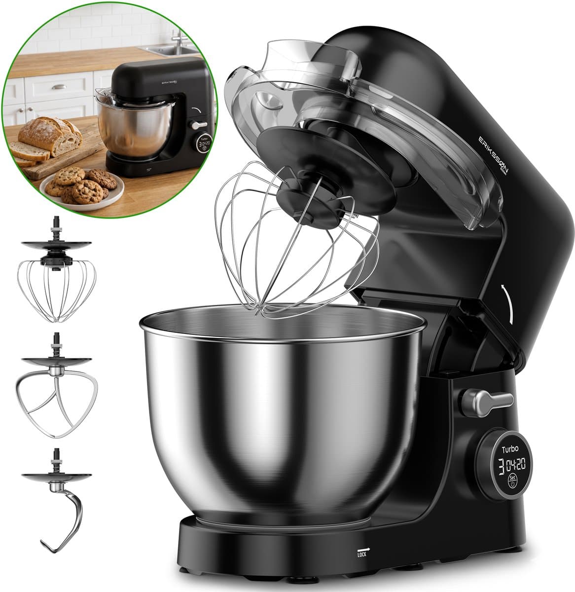 Erikssøn Kitchen Keukenmachine - 8 Snelheidsstanden Met Timer - 5L Mixer met Mengkom - 1400W - Keukenrobot - Keukenmixer - Foodprocessor - Zwart — afbeelding 1