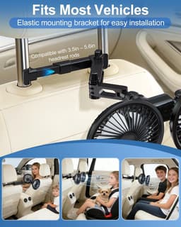 Ulisem - Achterbankventilator - 3600mAh oplaadbaar - 3 snelheden - Dubbel 5.7 inch kop - 360° roteerbaar - Led display - Inclusief oplaadkabel - Geschikt voor auto en reizen - Zwart - Model met achtersteun — thumbnail 5