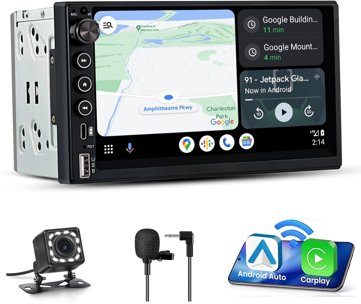 JUNSUN 7 inch 2DIN Autoradio met Draadloze Carplay & Android Auto - IPS Scherm (1024x600) + Achteruitrijcamera + Bedieningsknop + Installatieset + Microfoon + USB + FM Radio — afbeelding 1