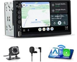 JUNSUN 7 inch 2DIN Autoradio met Draadloze Carplay & Android Auto - IPS Scherm (1024x600) + Achteruitrijcamera + Bedieningsknop + Installatieset + Microfoon + USB + FM Radio