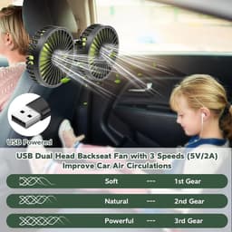 LISM - USB-ventilator voor de achterbank; dubbele ventilator voor de airconditioning in de auto; 360° draaibare hoofdsteunventilator; krachtige draagbare ventilator met drie snelheidsstanden. — thumbnail 4