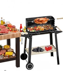 Houtskoolgrillwagen met draaispit, roestvrijstalen rooster en 5 hoogte-instellingen. Mobiele barbecue met 2 houten planken en wielen. — thumbnail 3