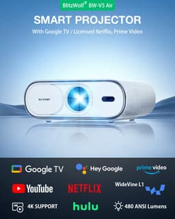 BlitzWolf BW-V5 Air Smart Beamer – Projector met Netflix & Google TV, 480 ANSI lumen, HDR10+, Automatische Keystone-correctie, tot 180 inch beeld, Home Cinema Beamer, EU-stekker — thumbnail 3