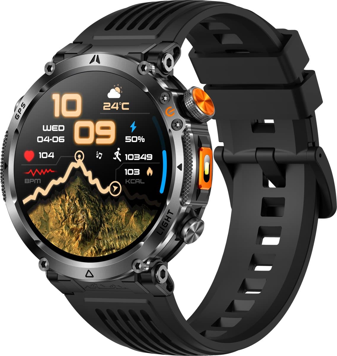 Knobbout GPS Smartwatch 1.7" (4,3 cm) Scherm met LED Zaklamp – 850mAh Batterij | IP68 Waterdicht | Kompas, Hoogtemeter & Barometer | Outdoor Sport Horloge met Bluetooth Bellen - Zwart — afbeelding 1