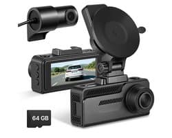 Dashcam voor auto - Dubbele voor- & achtercamera - Ultra HD 4K voor + 1080p achter - GPS - G-sensor - Parkeermodus - Loopopname - Geheugenkaart 64 GB - Zwart