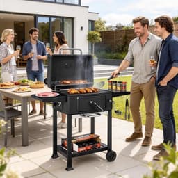 Premie Houtskool Barbecue - Smoker Barbecue - Barbecuegrill - Grillwagen - Houtskoolgrill - Houtskoolgrill met Deksel, Thermometer, Handvat & Bijzettafel - BBQ voor buiten, tuin - Zwart — thumbnail 4