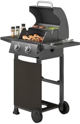 Gasbarbecue - Gasbarbecue en grill - 2 Branders - 5,4 kW - Grillwagen - met Grillrooster, Wielen, Inklapbaar Bijzettafels, Drukregelaar, Slangen, Thermometer en Warmhoudplaten - 95 x 53 x 111.5 cm - Zwart — thumbnail 3