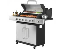 Gasbarbecue - Gasbarbecue en grill - 6+1 Branders - 18,6 kW - Grillwagen - Barbecuewagen - met Grillrooster, Wielen, Bijzettafels, Slangen, Thermometer en Warmhoudplaten - 142 x 49 x 111 cm - Zwart + Zilver