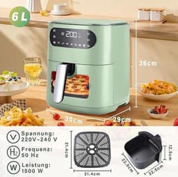 NETTLIFE Airfryer 6L - Hetelucht friteuse met Kijkvenster - 1500W - 7 Bakprogramma's - 80-200°C Instelbaar - Timer & Touchscreen - Tot 5-6 personen - Groen — thumbnail 5