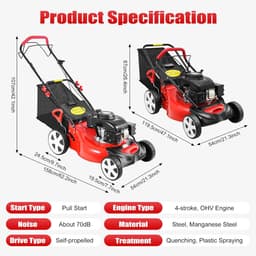 Benzine grasmaaier - Gazonmaaier tractor - Gazon onderhoud - Krachtige 4-takt motor - 51cm maaibreedte - Rood — thumbnail 4