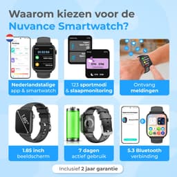 Nuvance - Smartwatch Heren - Smartwatch Dames - Geschikt voor alle Smartphones - Sporthorloge - 45mm - Stappenteller & Hartslagmeter - Zwart — thumbnail 2
